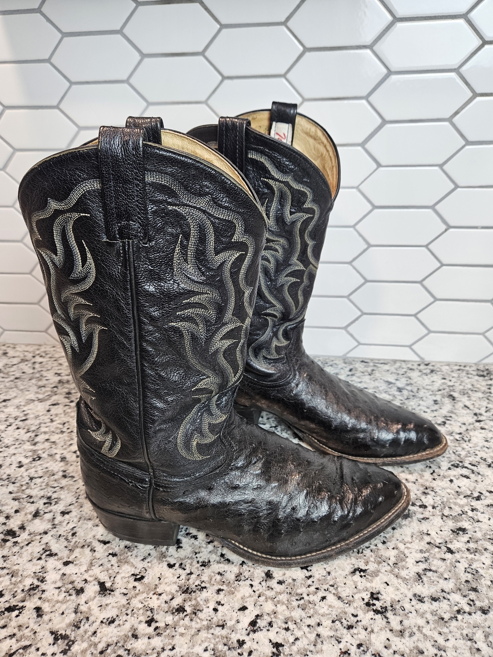 Tony Lama Black Ostrich Cowboy Boots with Embroidered Shaft - Picture 2 of 11